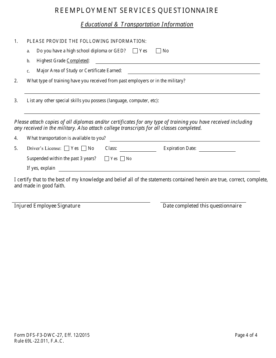 Form DFS-F3-DWC-27 Reemployment Services Questionnaire - Florida, Page 4