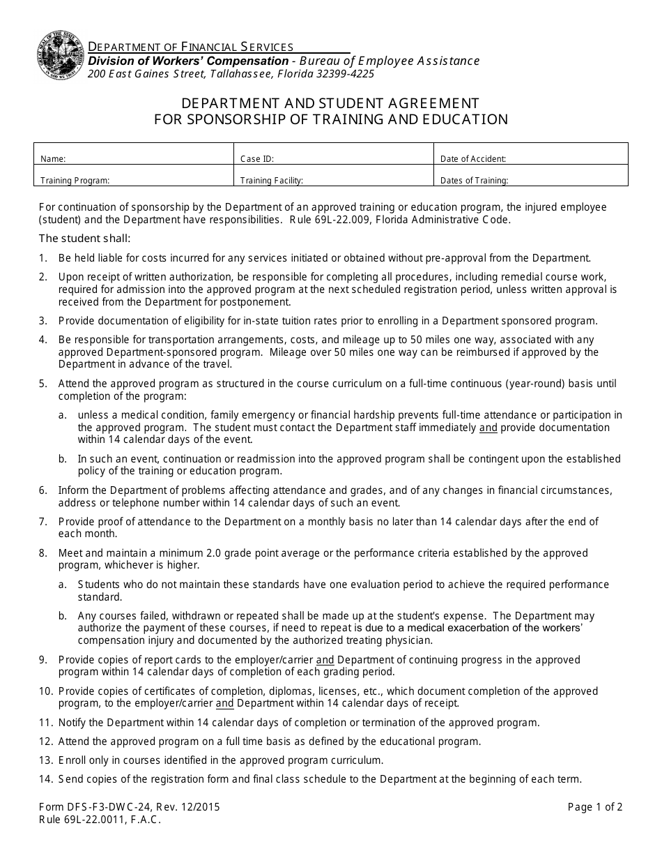 Form DFS-F3-DWC-24 Department and Student Agreement for Sponsorship of Training and Education - Florida, Page 1
