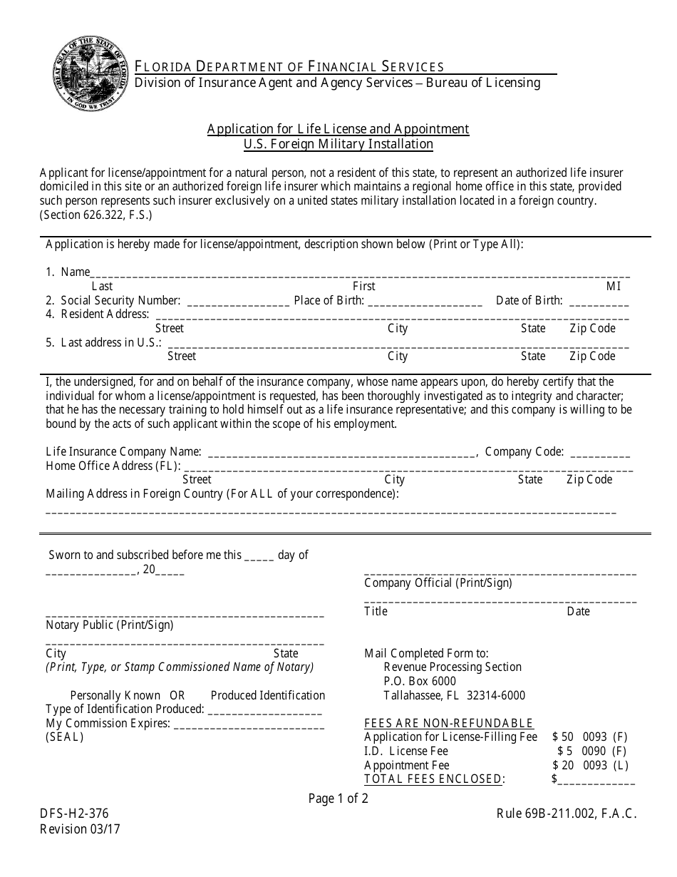 Form DFS-H2-376 Application for Life License and Appointment - U.S. Foreign Military Installation - Florida, Page 1