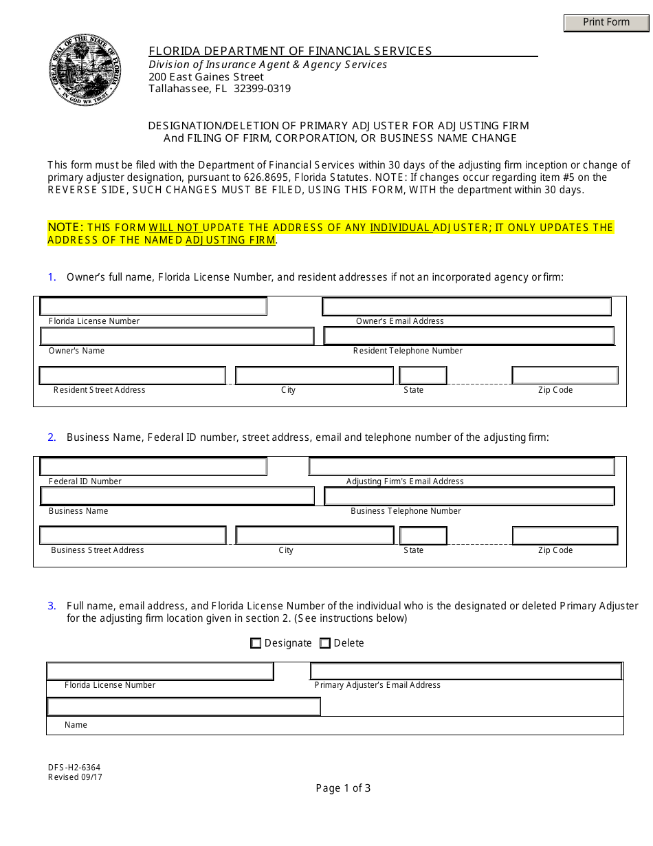 Form DFS-H2-6364 Designation / Deletion of Primary Adjuster for Adjusting Firm and Filing of Firm, Corporation, or Business Name Change - Florida, Page 1