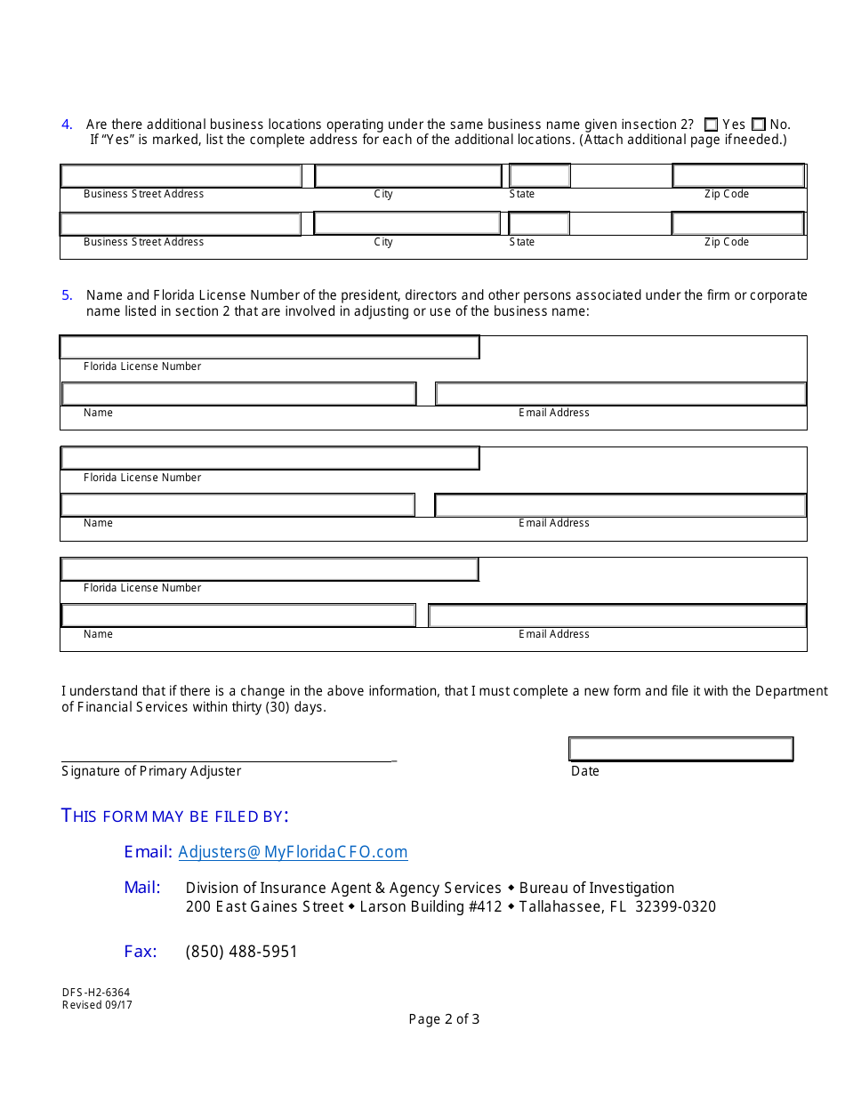 Form DFS-H2-6364 Designation / Deletion of Primary Adjuster for Adjusting Firm and Filing of Firm, Corporation, or Business Name Change - Florida, Page 2