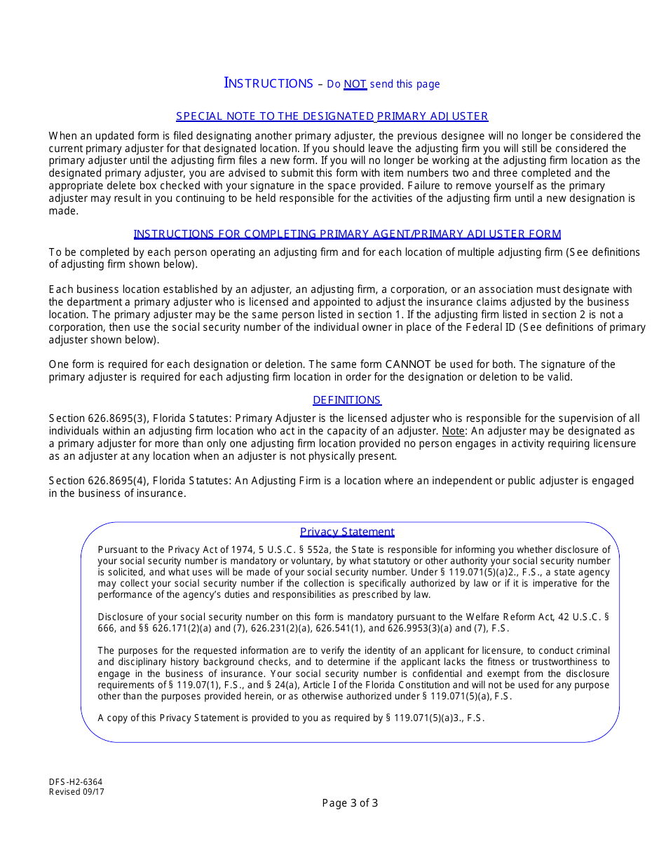 Form DFS-H2-6364 Designation / Deletion of Primary Adjuster for Adjusting Firm and Filing of Firm, Corporation, or Business Name Change - Florida, Page 3