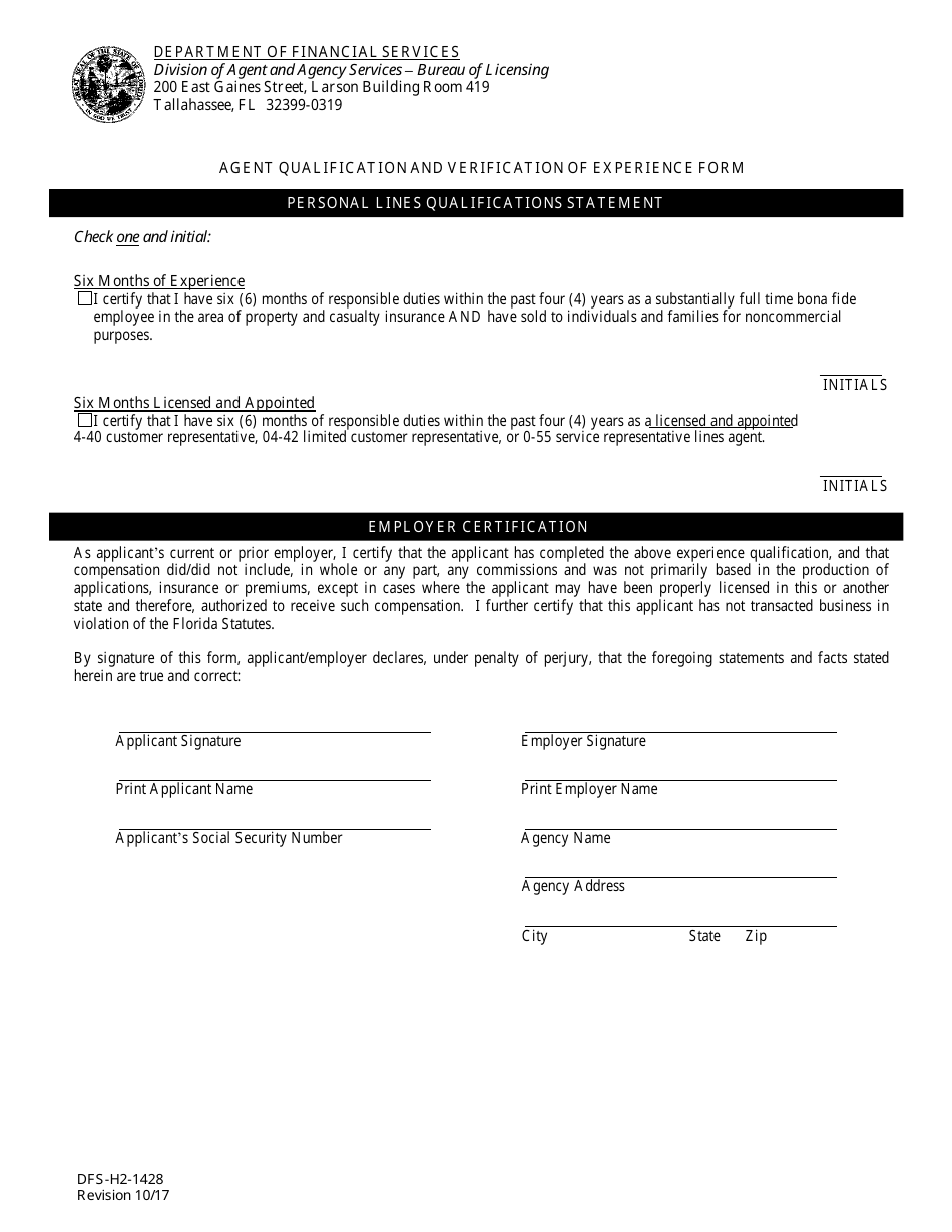 Form DFS-H2-1428 Agent Qualification and Verification of Experience Form - Personal Lines - Florida, Page 1