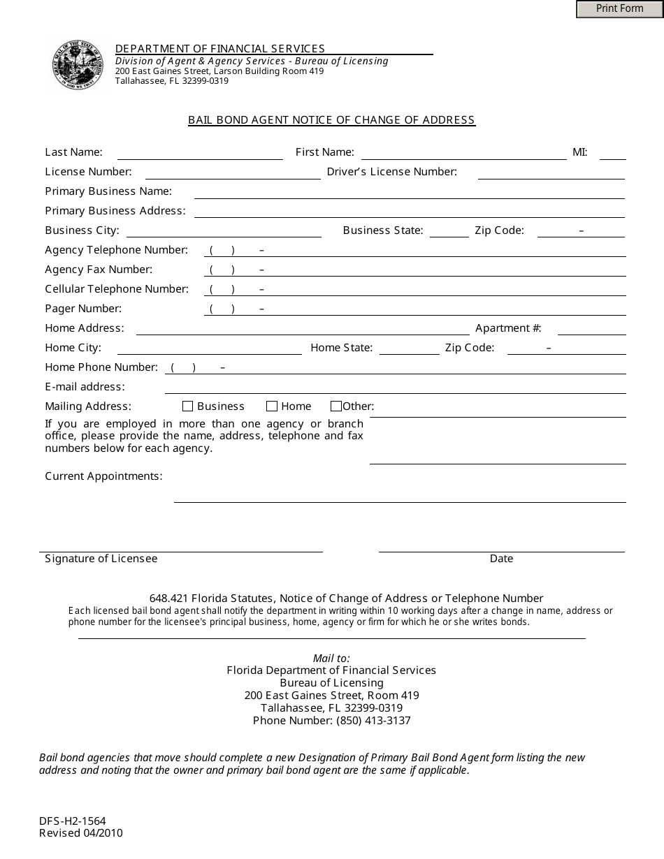 Form DFS-H2-1564 Bail Bond Agent Notice of Change of Address - Florida, Page 1