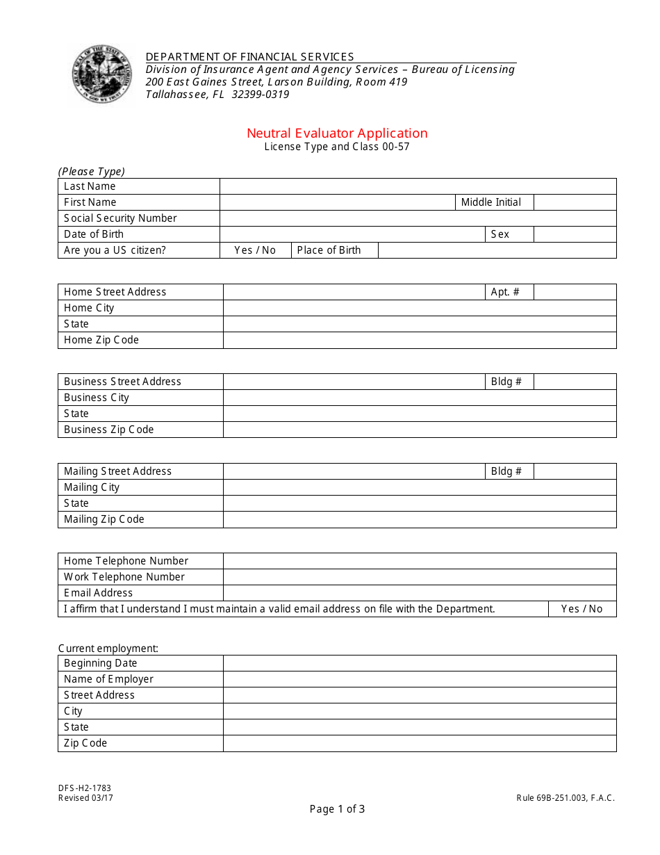 Form DFS-H2-1783 Neutral Evaluator Application - Florida, Page 1