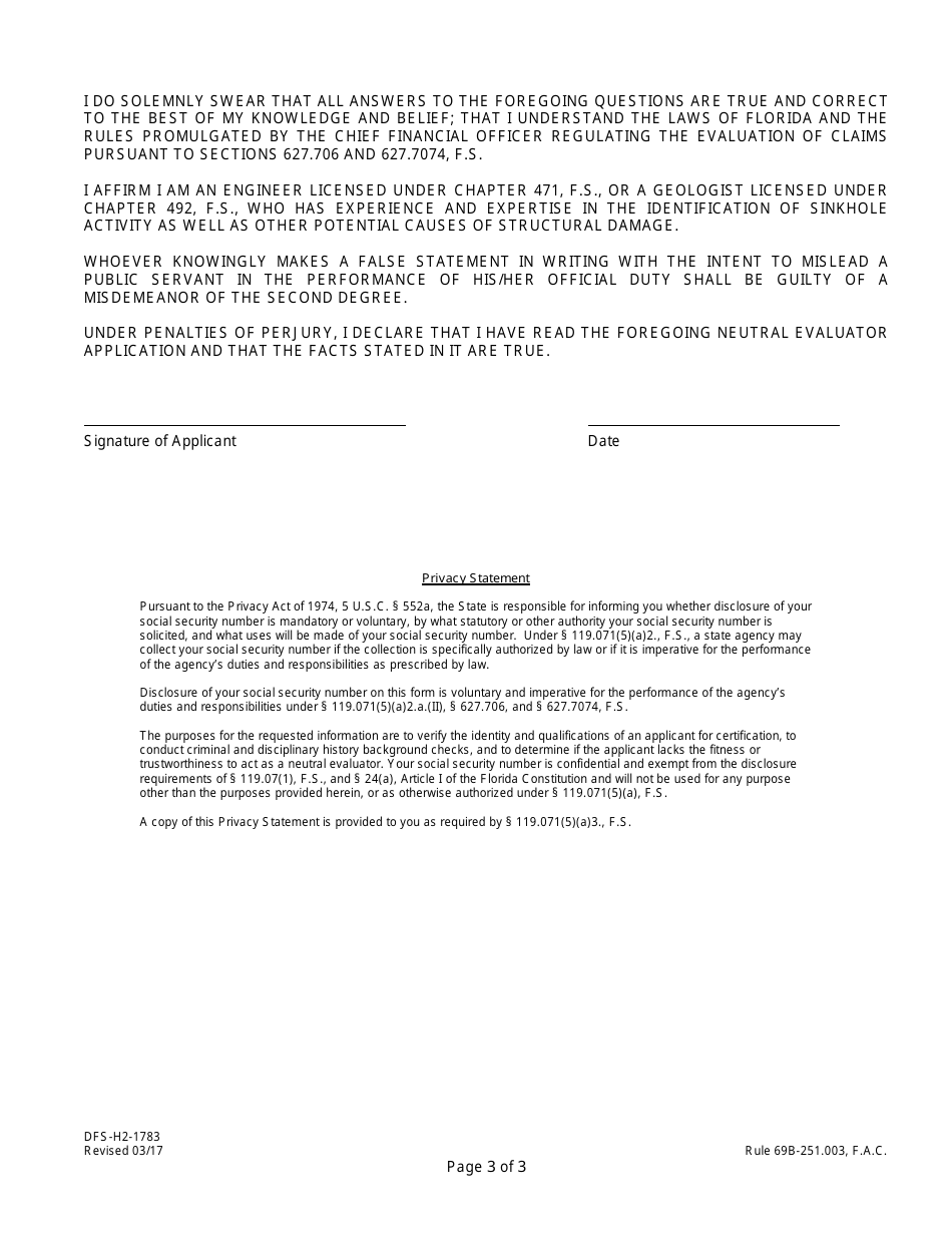 Form DFS-H2-1783 Neutral Evaluator Application - Florida, Page 3