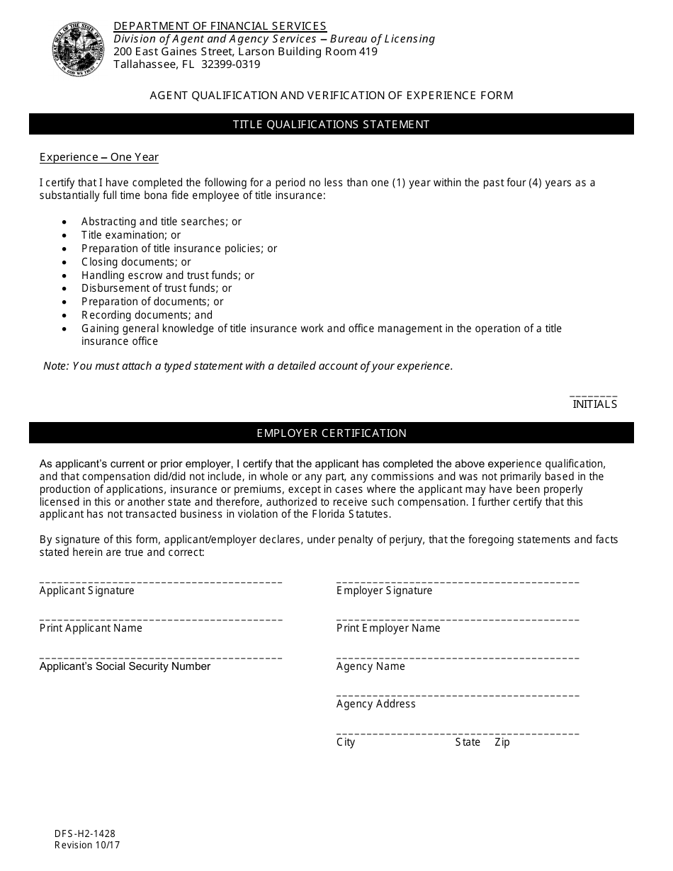 Form DFS-H2-1428 Agent Qualification and Verification of Experience Form - Florida, Page 1