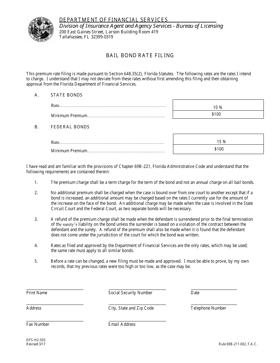 Form DFS-H2-503 Bail Bond Rate Filing - Florida, Page 1