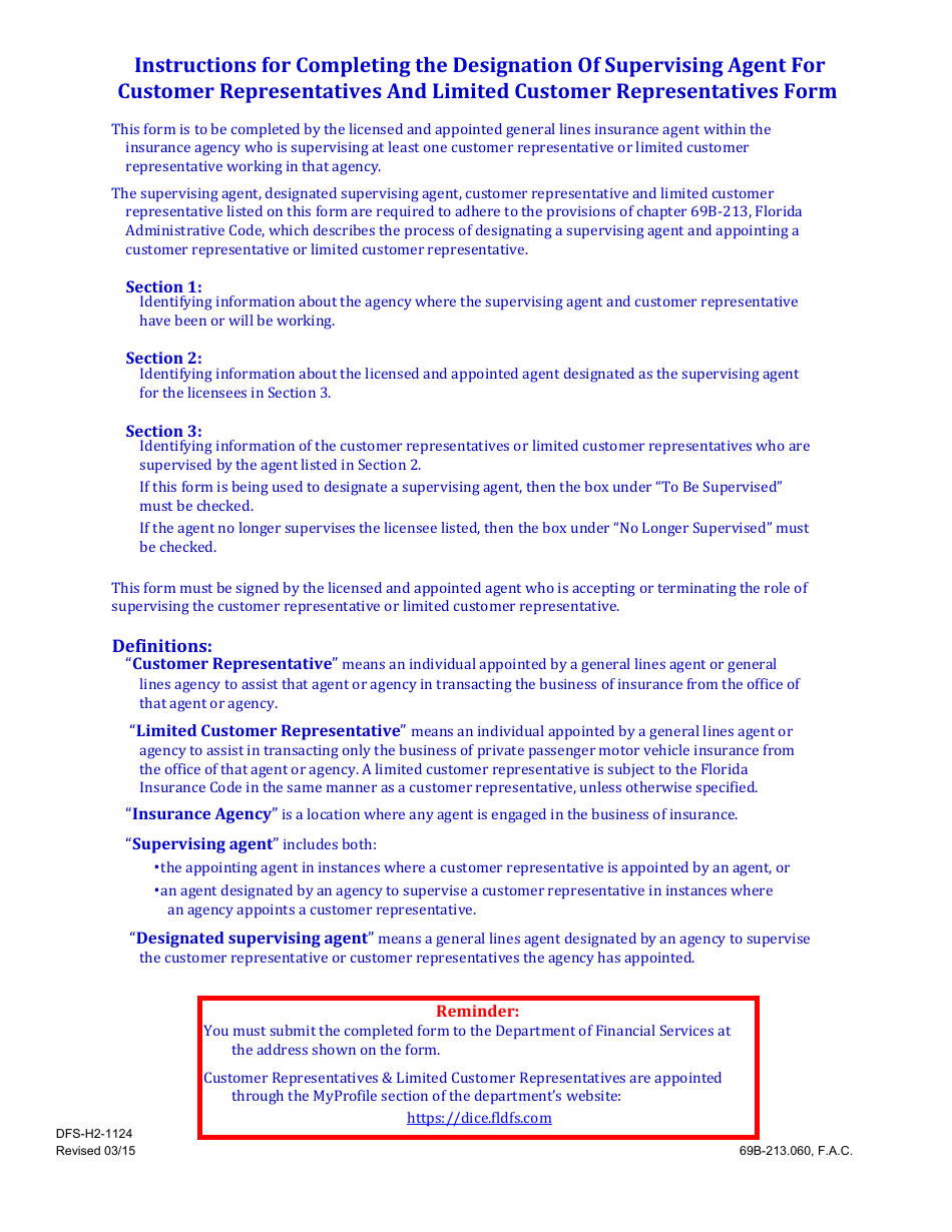 Form DFS-H2-1124 Designation or Deletion of Supervising Agent for Customer Representatives and Limited Customer Representatives - Florida, Page 2