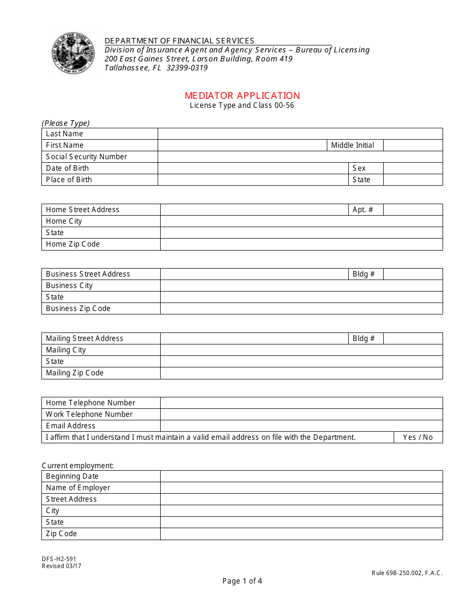 Form DFS-H2-591 Mediator Application - Florida, Page 1