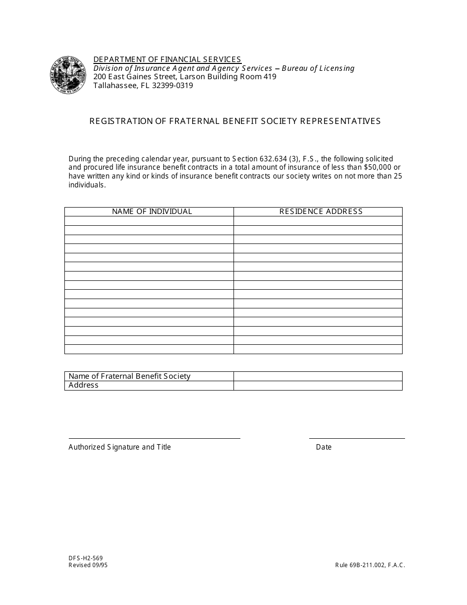Form DFS-H2-569 Registration of Fraternal Benefit Society Representatives - Florida, Page 1