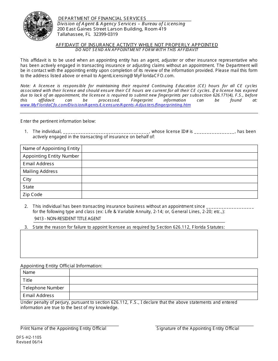 Form DFS-H2-1105 Affidavit of Insurance Activity While Not Properly Appointed - Florida, Page 1
