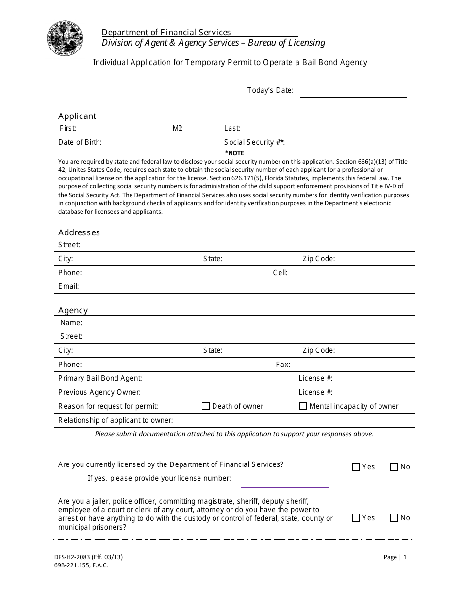 Form DFS-H2-2083 Individual Application for Temporary Permit to Operate a Bail Bond Agency - Florida, Page 1