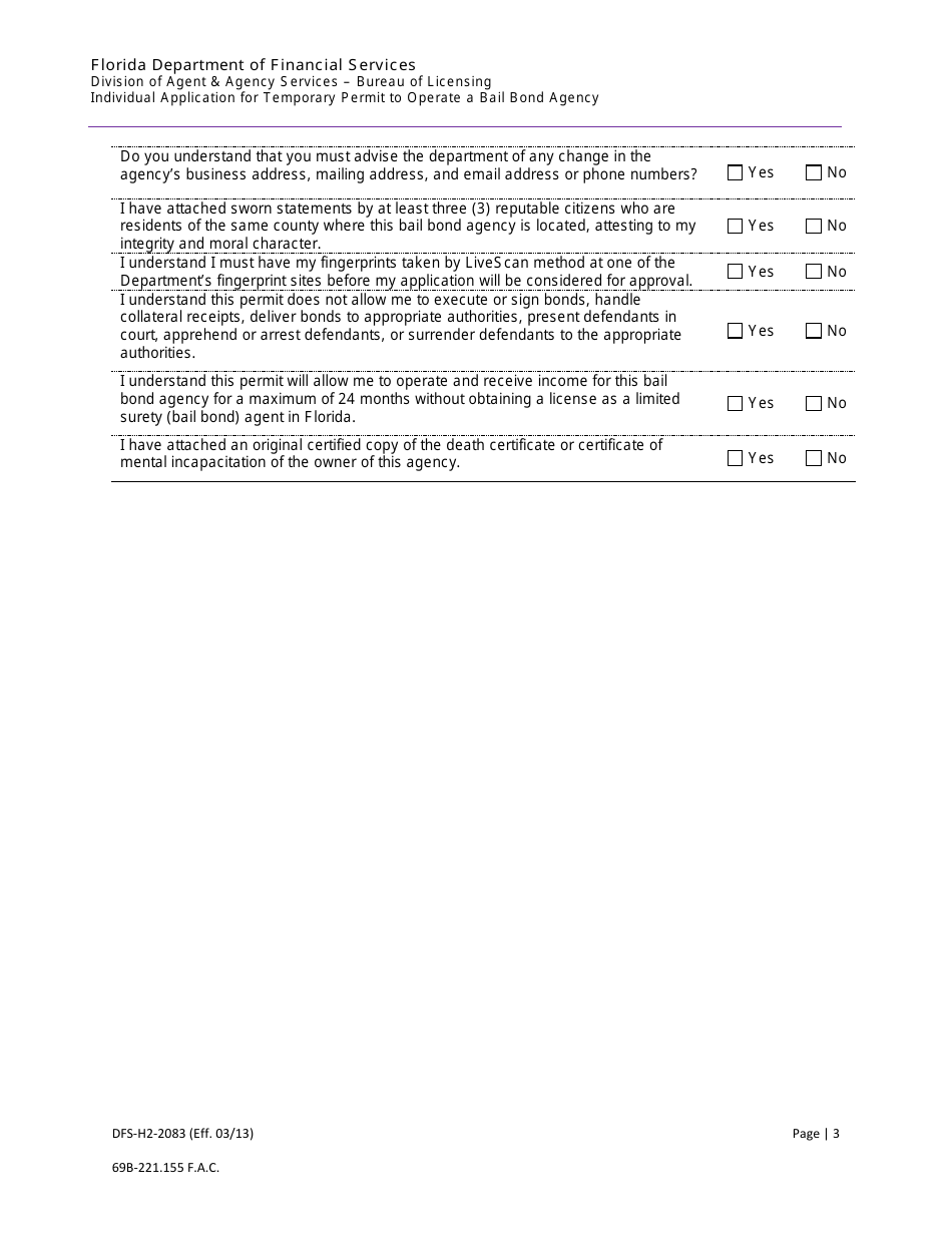 Form DFS-H2-2083 Individual Application for Temporary Permit to Operate a Bail Bond Agency - Florida, Page 3