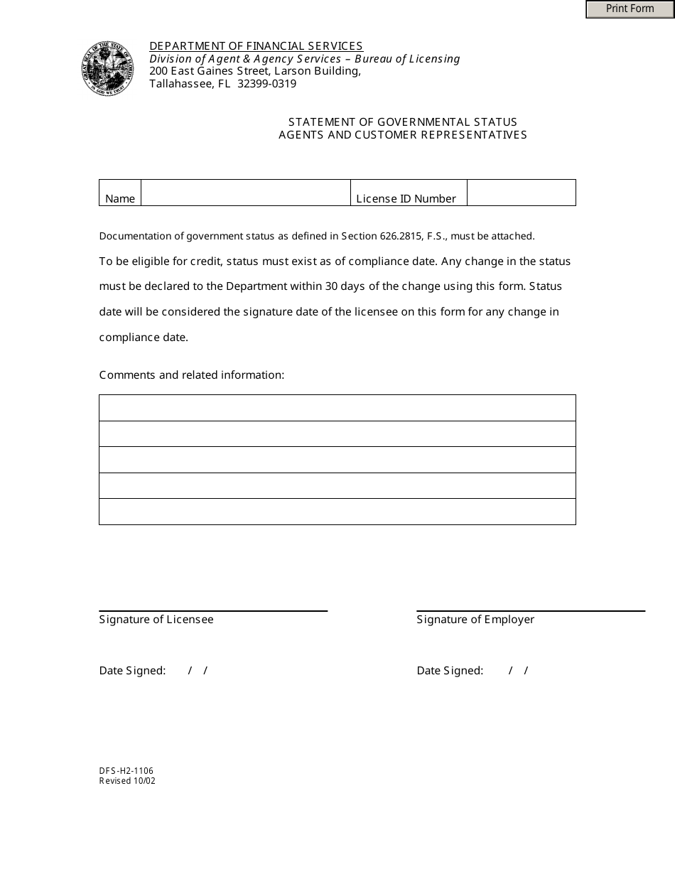 Form DFS-H2-1106 Statement of Governmental Status for Agents and Customer Representatives - Florida, Page 1