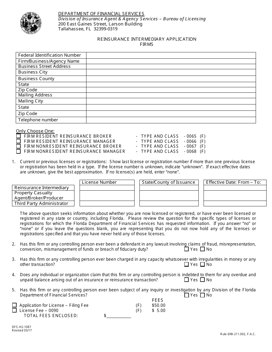 Form DFS-H2-1087 Reinsurance Intermediary Application Firms - Florida, Page 1