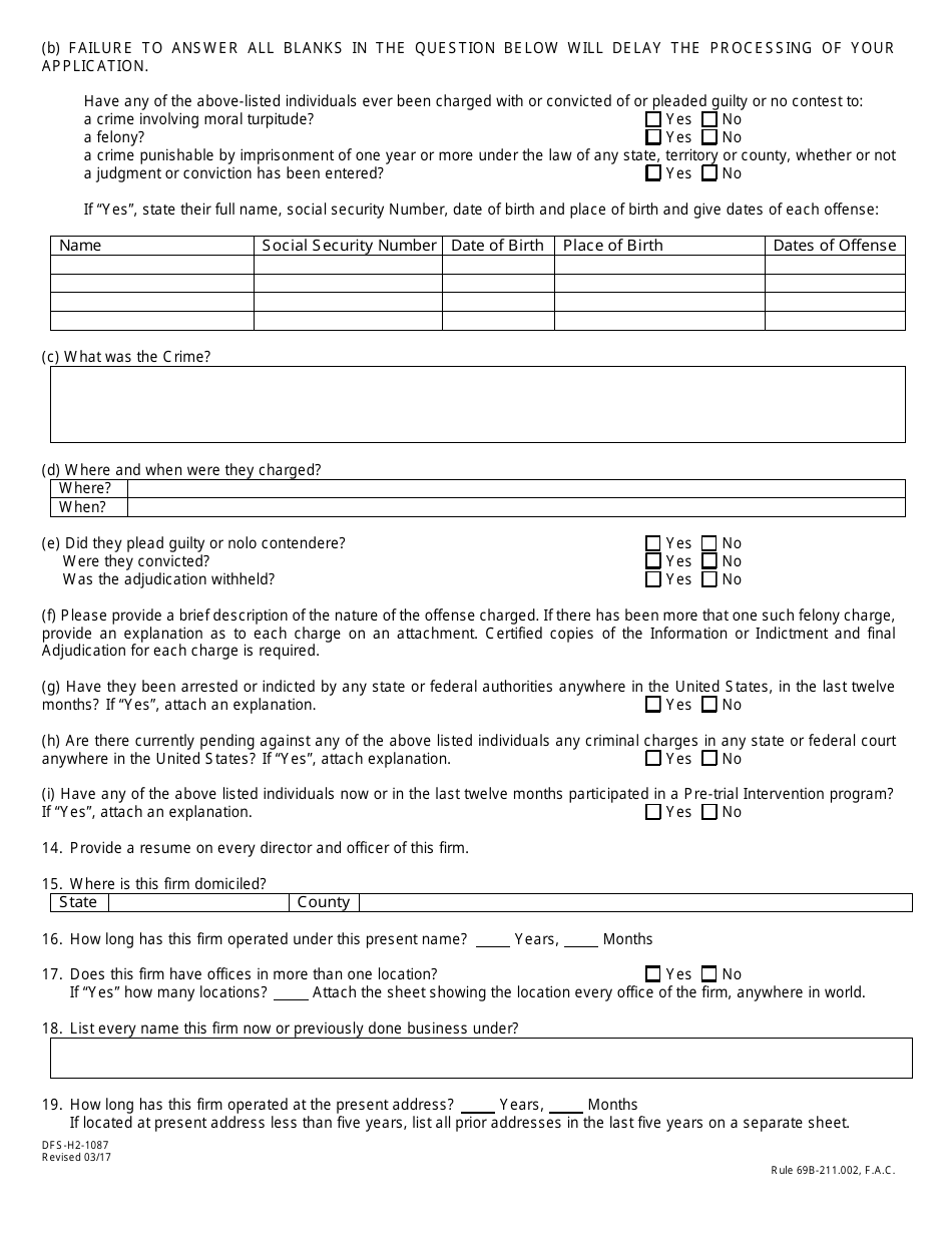 Form DFS-H2-1087 Reinsurance Intermediary Application Firms - Florida, Page 3