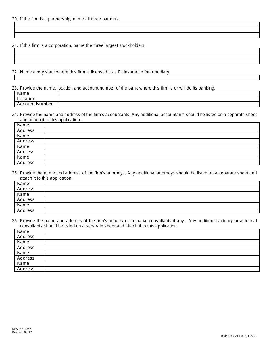 Form DFS-H2-1087 Reinsurance Intermediary Application Firms - Florida, Page 4