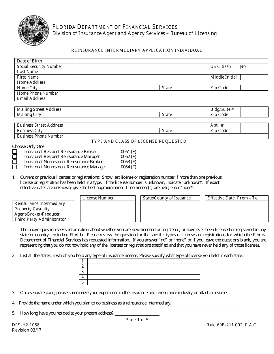 Form DFS-H2-1088 Reinsurance Intermediary Application Individual - Florida, Page 1