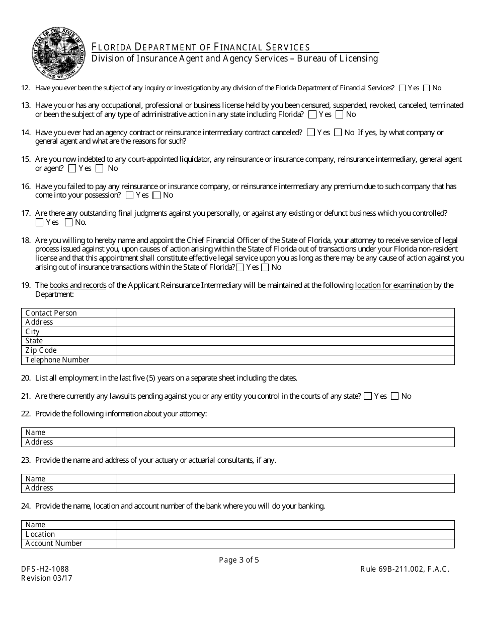 Form DFS-H2-1088 Reinsurance Intermediary Application Individual - Florida, Page 3