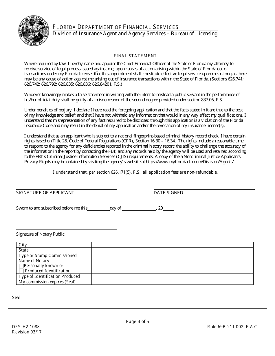 Form DFS-H2-1088 Reinsurance Intermediary Application Individual - Florida, Page 4