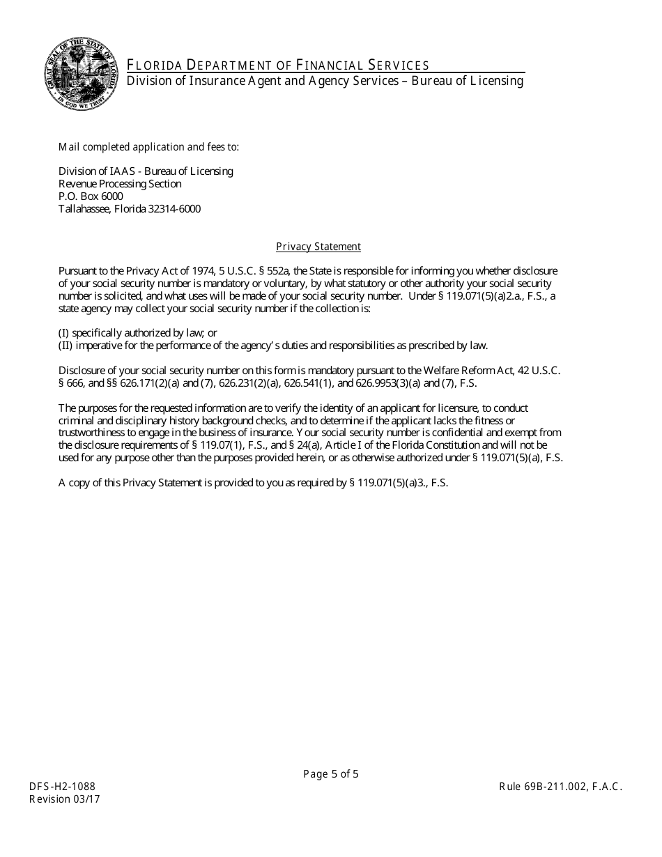 Form DFS-H2-1088 Reinsurance Intermediary Application Individual - Florida, Page 5