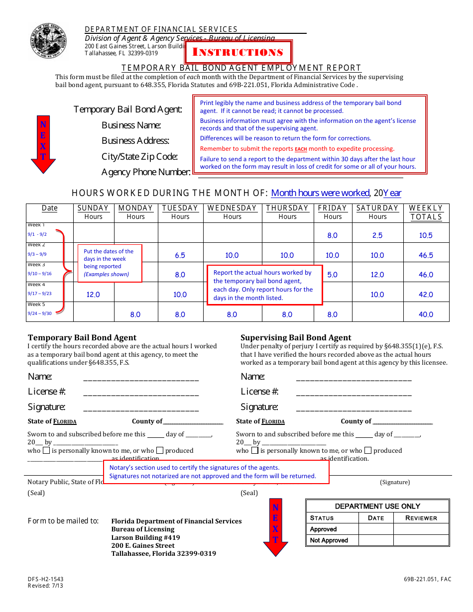 Form DFS-H2-1543 Temporary Bail Bond Agent Employment Report - Florida, Page 1