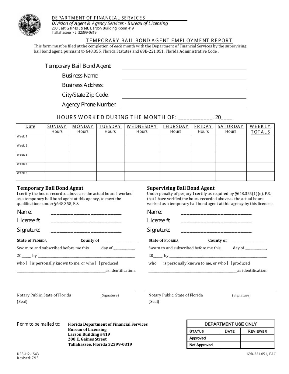 Form DFS-H2-1543 Temporary Bail Bond Agent Employment Report - Florida, Page 2