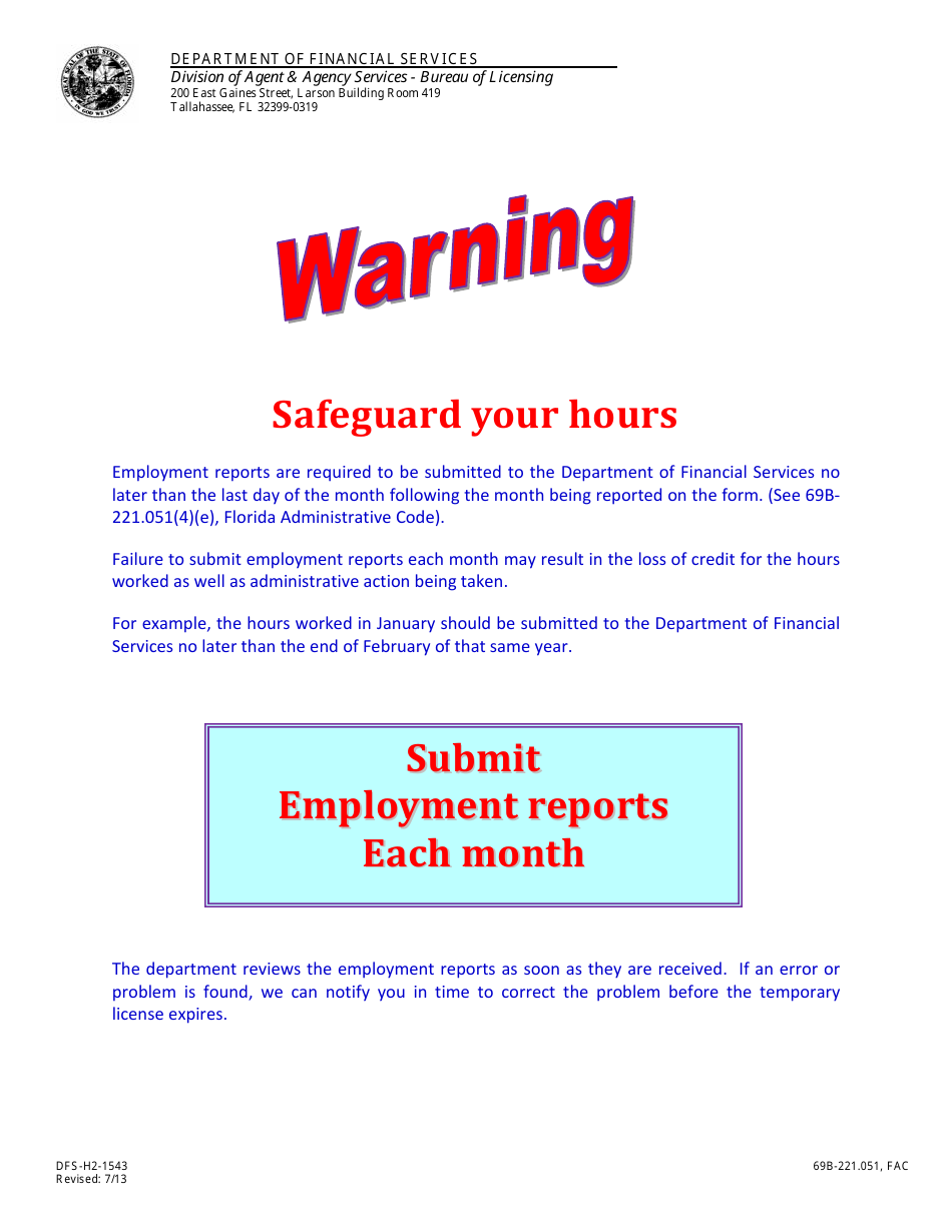 Form DFS-H2-1543 Temporary Bail Bond Agent Employment Report - Florida, Page 3