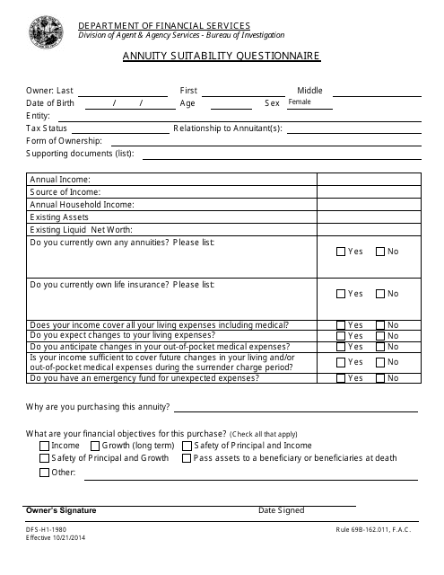 Form DFS-H1-1980 Annuity Suitability Questionnaire - Florida