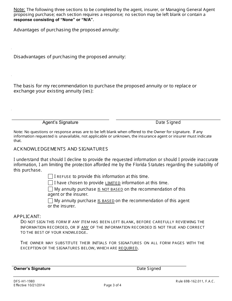 Form DFS-H1-1980 Annuity Suitability Questionnaire - Florida, Page 3