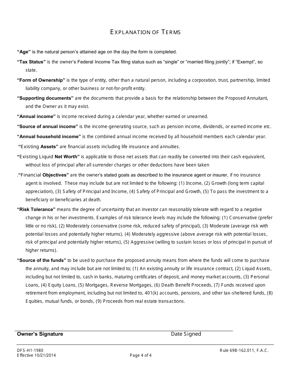 Form DFS-H1-1980 Annuity Suitability Questionnaire - Florida, Page 4