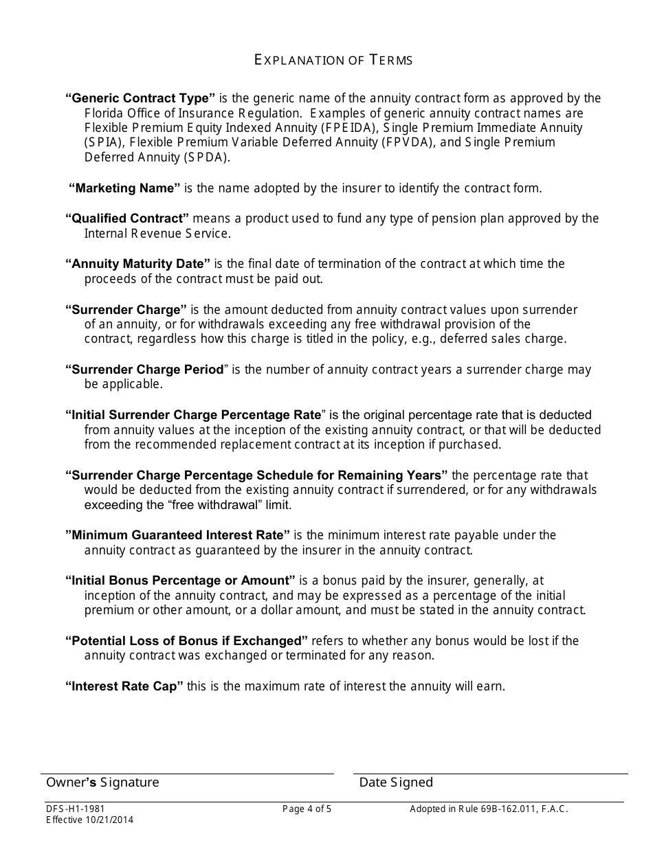 Form DFS-H1-1981 Disclosure and Comparison of Annuity Contracts - Florida, Page 4