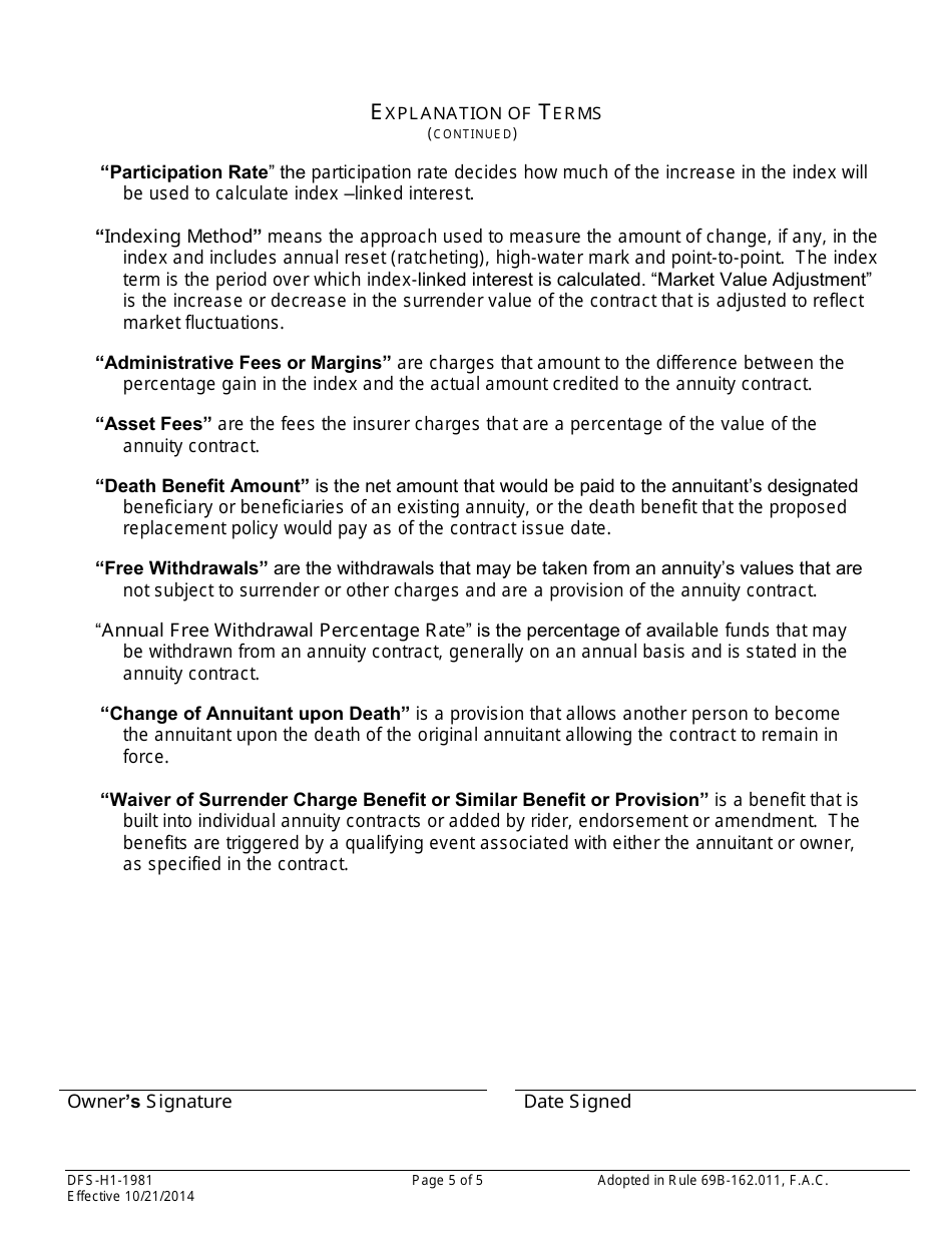 Form DFS-H1-1981 Disclosure and Comparison of Annuity Contracts - Florida, Page 5