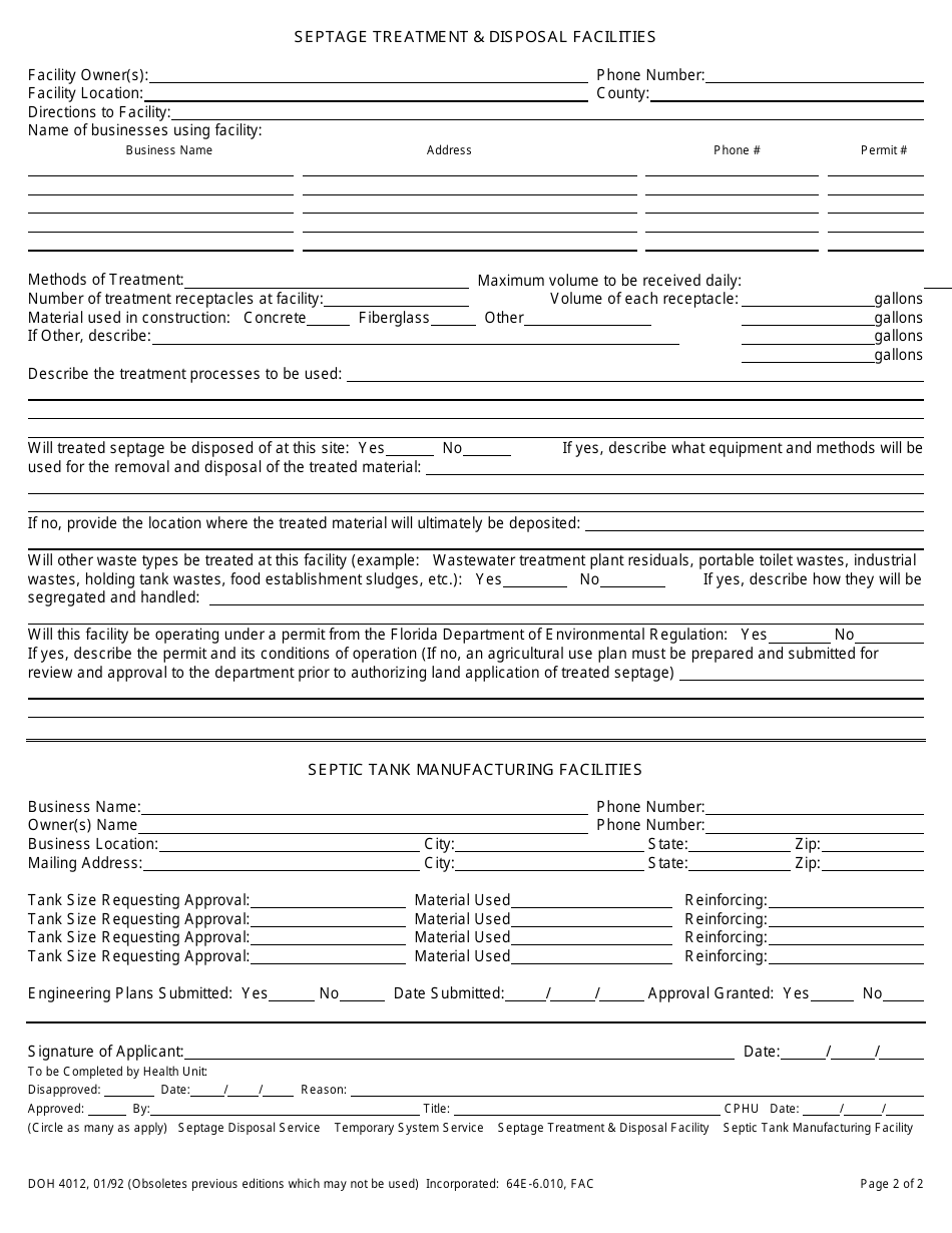 Form DH4012 Application for Septage Disposal Service Permit, Temporary System Service Permit, Septage Treatment and Disposal Facility, Septic Tank Manufacturing Approval - Florida, Page 2