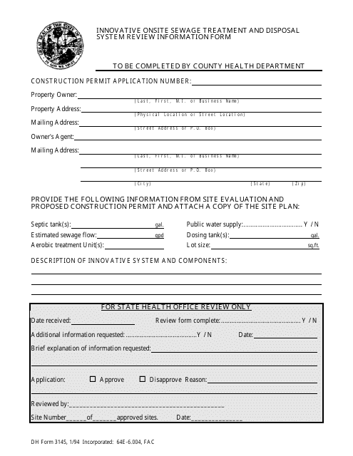 Form DH3145 Innovative Onsite Sewage Treatment and Disposal System Review Information Form - Florida