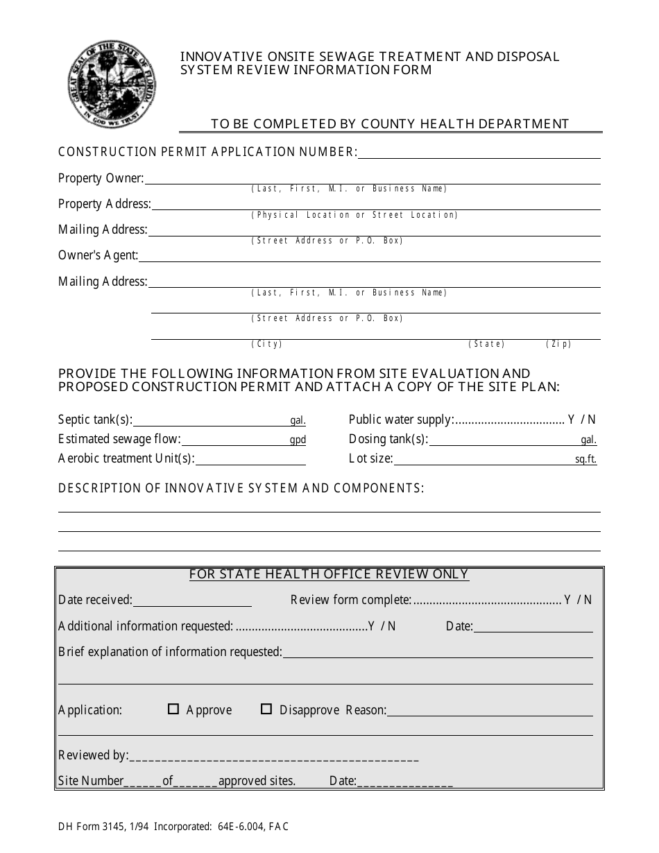 Form DH3145 Innovative Onsite Sewage Treatment and Disposal System Review Information Form - Florida, Page 1