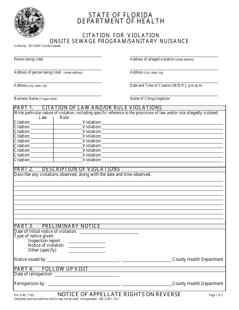 Form DH3146 Citation for Violation Onsite Sewage Program / Sanitary Nuisance - Florida, Page 1