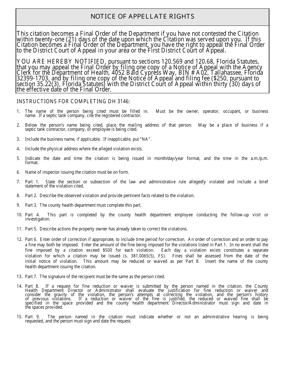 Form DH3146 Citation for Violation Onsite Sewage Program / Sanitary Nuisance - Florida, Page 3