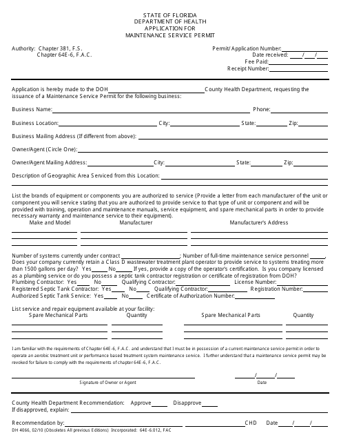 Form DH4066 Application for Maintenance Service Permit - Florida