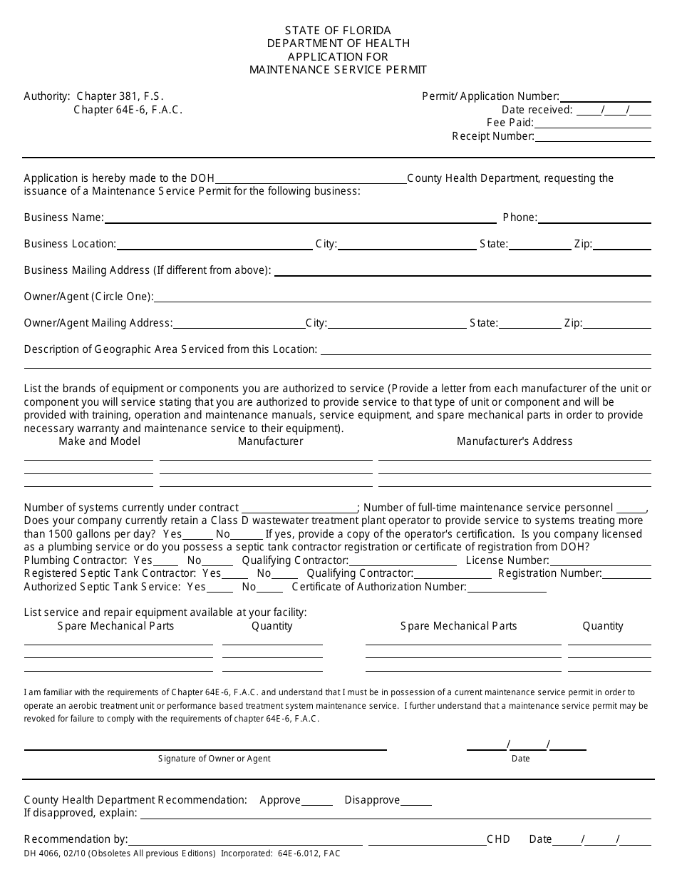 Form DH4066 Application for Maintenance Service Permit - Florida, Page 1
