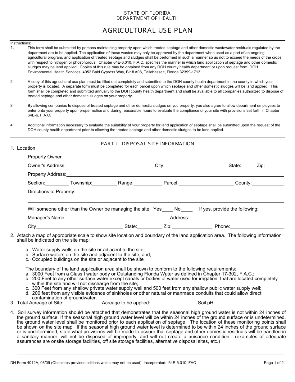 Form DH4012A Agricultural Use Plan - Florida, Page 1
