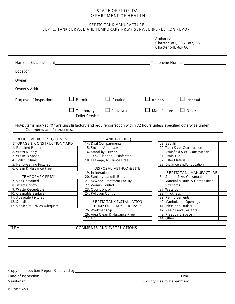Form DH4014 Septic Tank Manufacture, Septic Tank Service and Temporary Privy Service Inspection Report - Florida, Page 1