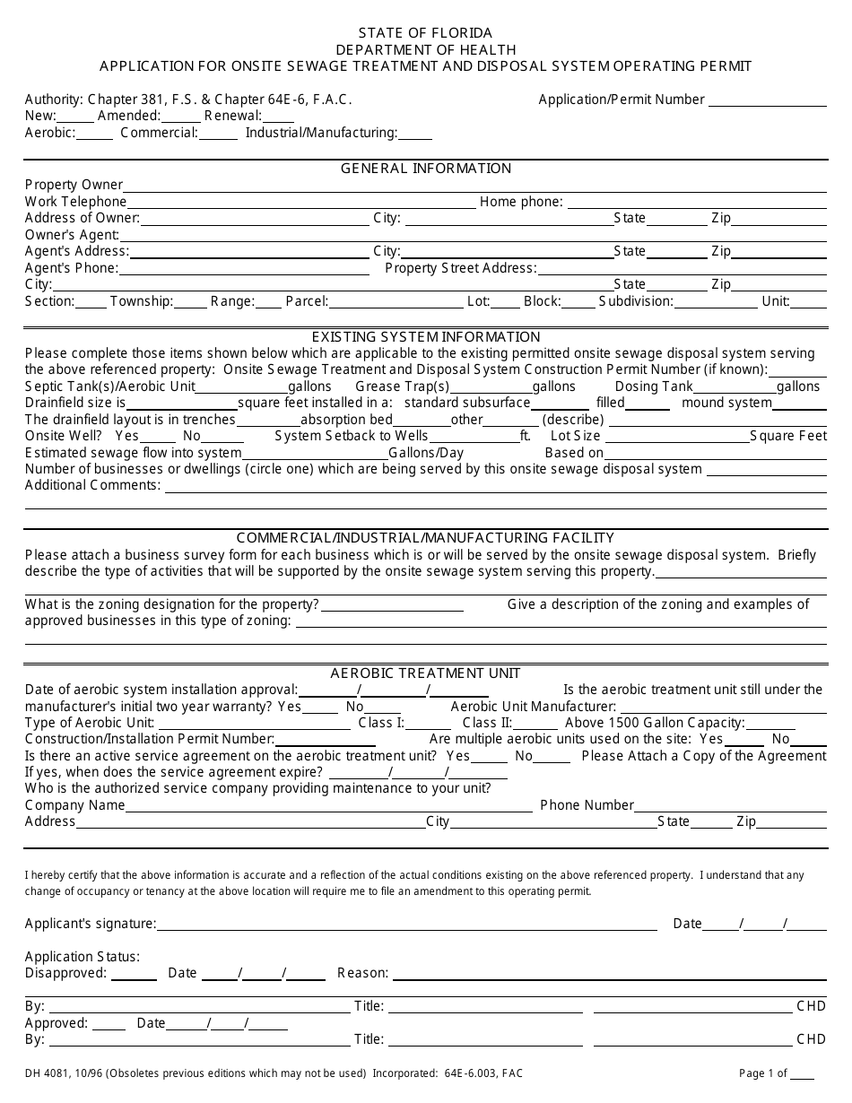 Form DH4081 Application for Onsite Sewage Treatment and Disposal System Operating Permit - Florida, Page 1