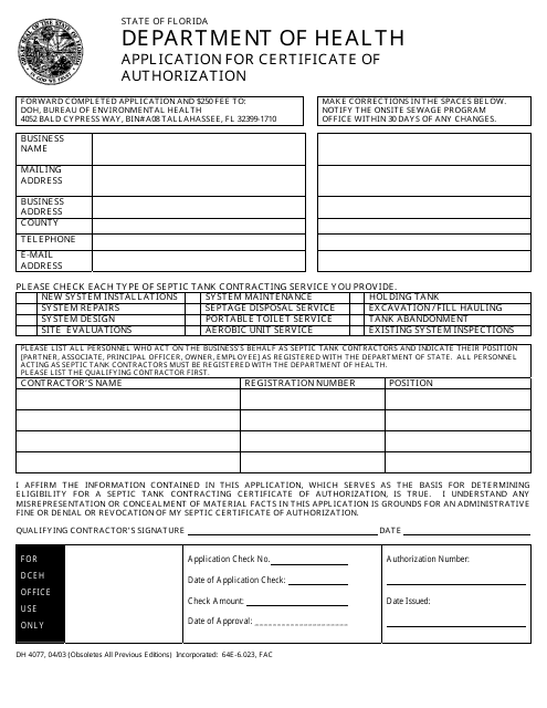 Form DH4077 Application for Certificate of Authorization - Florida