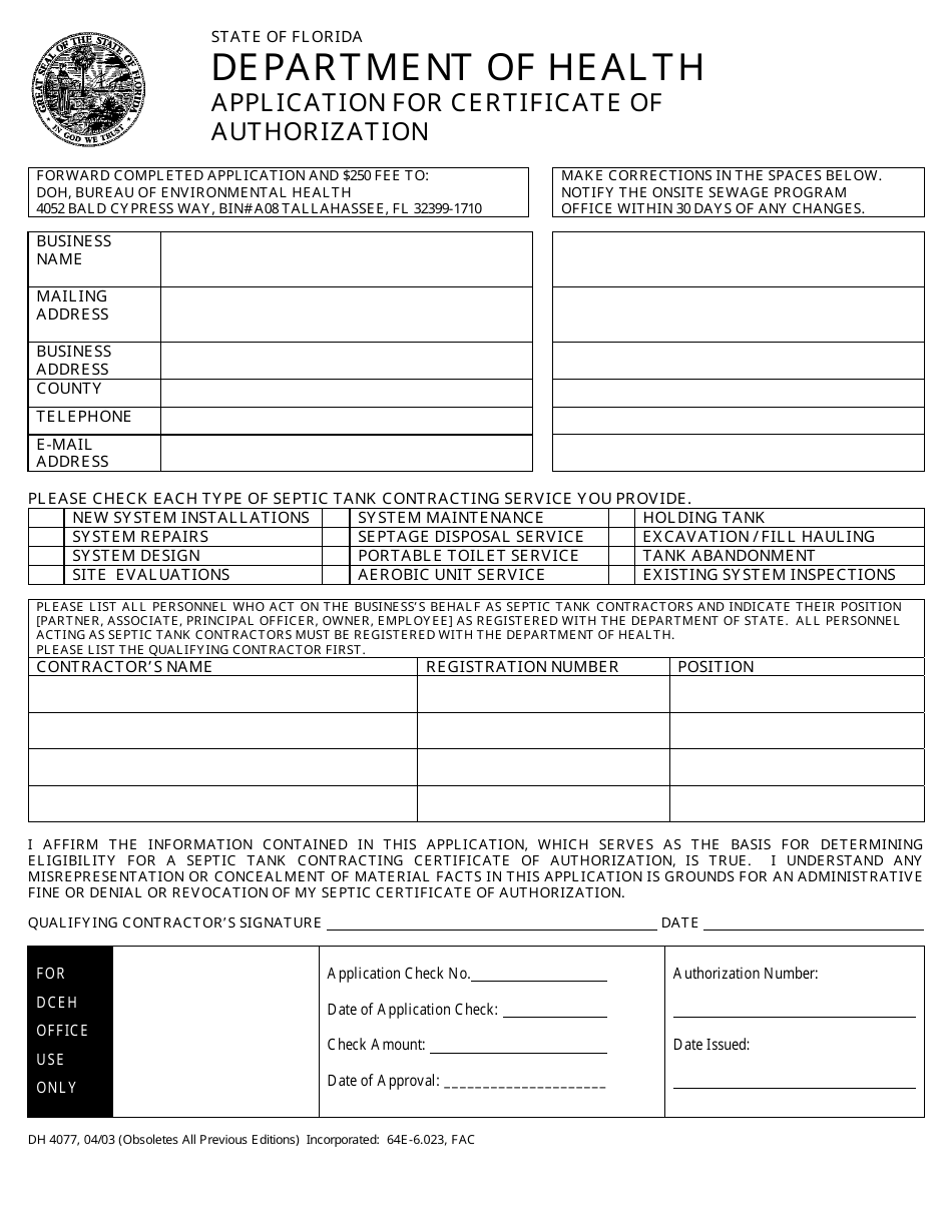 Form DH4077 Application for Certificate of Authorization - Florida, Page 1