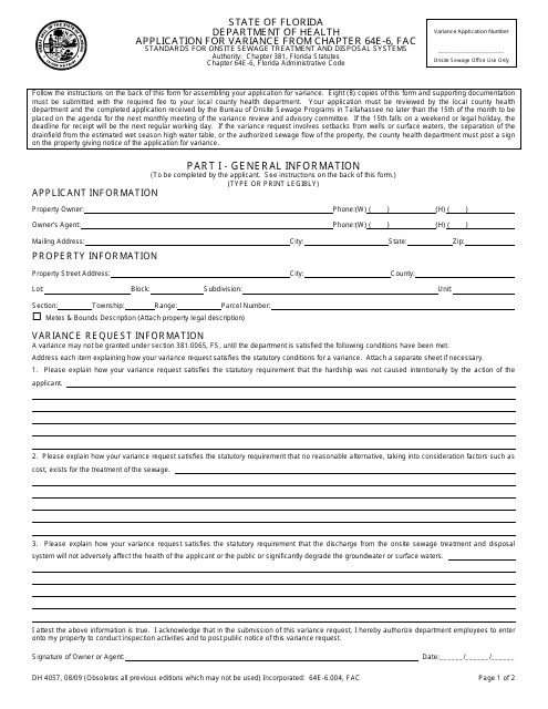 Form DH4057 Application for Variance From Chapter 64e-6, Fac - Florida