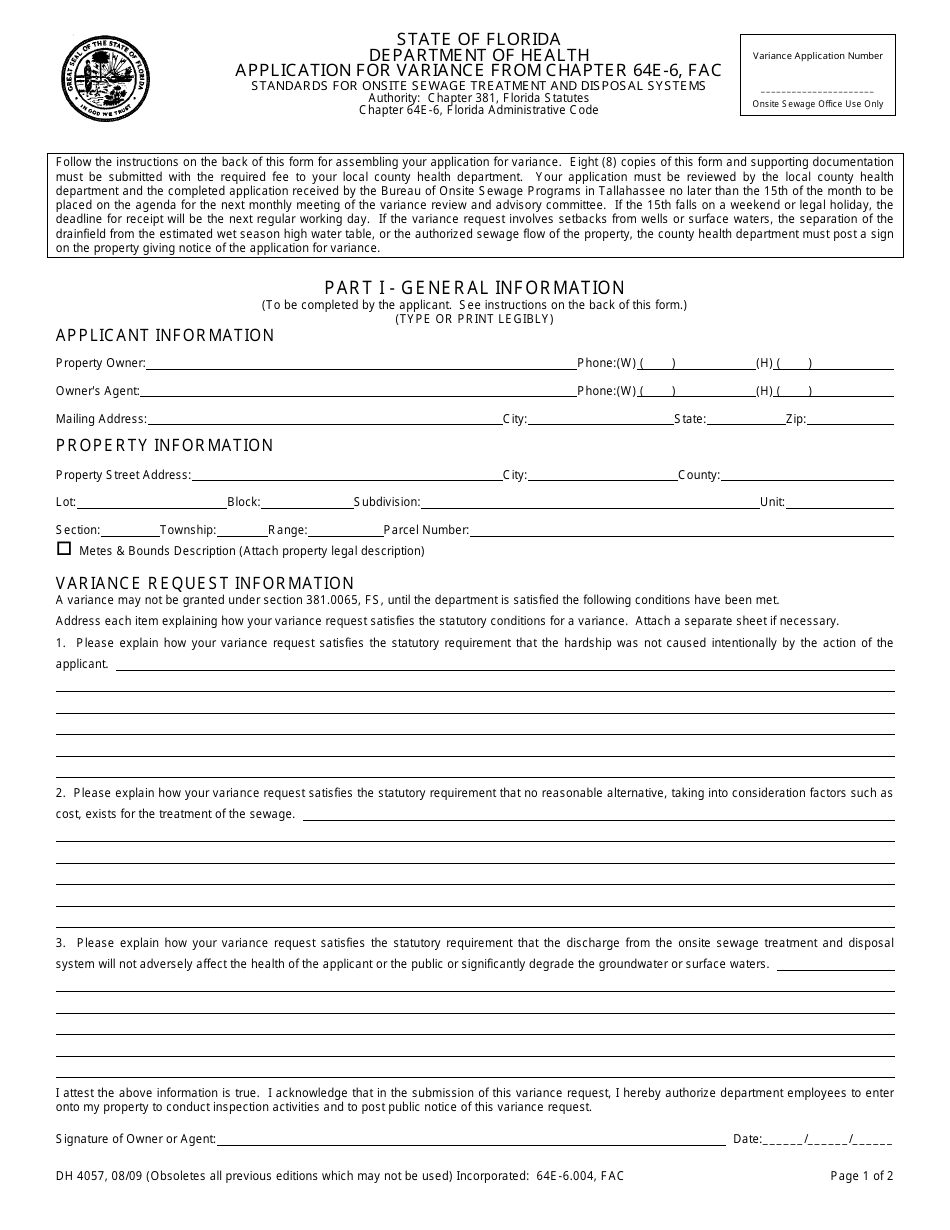 Form DH4057 Application for Variance From Chapter 64e-6, Fac - Florida, Page 1