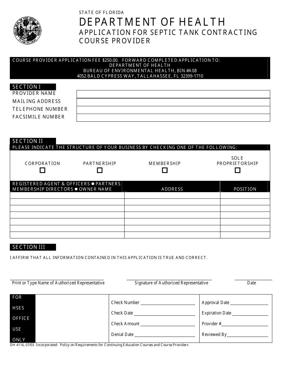 Form DH4116 Application for Septic Tank Contracting Course Provider - Florida, Page 1
