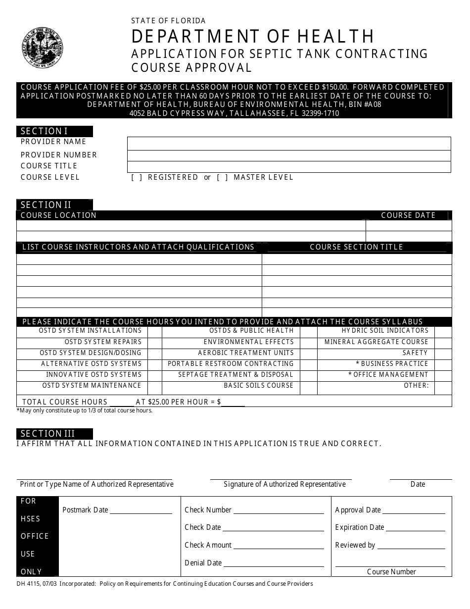 Form DH4115 Application for Septic Tank Contracting Course Approval - Florida, Page 1